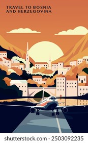 Reisen Sie nach Bosnien und Herzegowina. Retro-Poster mit abstrakten Formen der Skyline und Flugzeug Landung. Vintage Mostar, Sarajevo Vektorgrafik im Stil der 70er, 80er Jahre