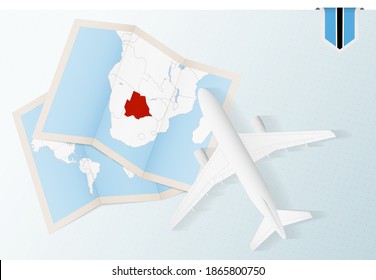 Travel to Botswana, top view airplane with map and flag of Botswana. Travel and tourism banner design.