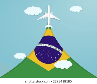 Travel to Brazil by flight, destination concept, vacation in Brazil, plane vector design, paper cut effect with blue sky and airplane, summer trip idea, country tourism banner