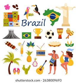 Travel to Brazil, culture and landmark set. Carnival dance of woman and man with drum, parrot and palm tree, houses and cathedral, statue of Jesus in Rio de Janeiro cartoon vector illustration