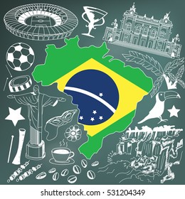 Travel to Brazil doodle drawing icon. Doodle with culture, costume, landmark and cuisine of Brazil tourism conceptin in blackboard background, create by vector  
