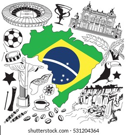 Travel to Brazil doodle drawing icon. Doodle with culture, costume, landmark and cuisine of Brazil tourism concept in isolated background, create by vector  