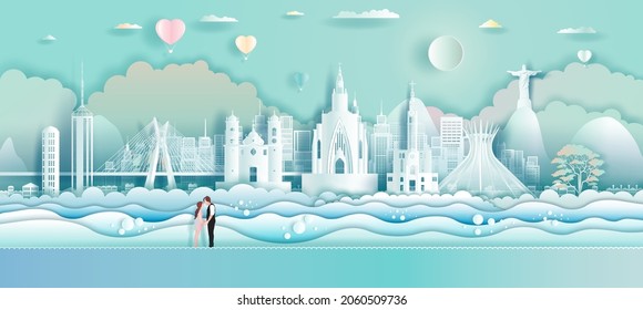 Travel Brazil landmarks South America with love balloons and couple in paper art, Origami, paper cut design.Travel rio de janeiro and tour brasil in America modern architecture. Vector illustration.