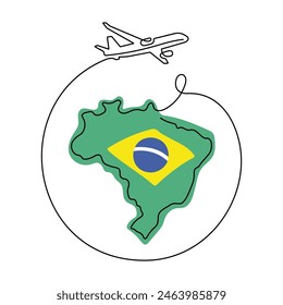 Travel Brazil one line vector illustration. Map of Brazil and airplane drawing.