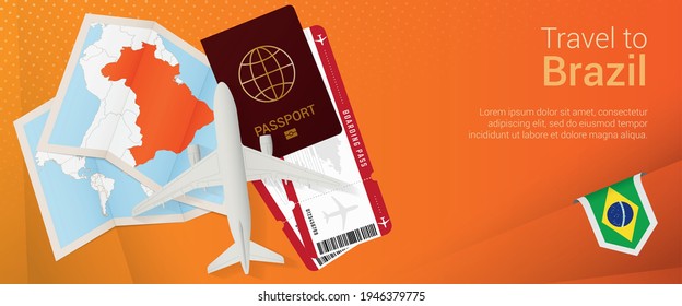 Travel to Brazil pop-under banner. Trip banner with passport, tickets, airplane, boarding pass, map and flag of Brazil. Vector template.