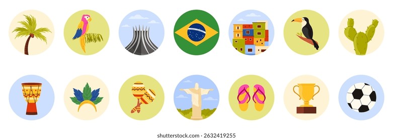 Travel to Brazil set of round stickers with culture elements, landmarks and tropical nature. Colorful houses and carnival, maracas and soccer ball, palm tree and cactus cartoon vector illustration