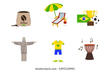 Travel to Brazil Set, Symbols and Attractions of Country Vector Illustration