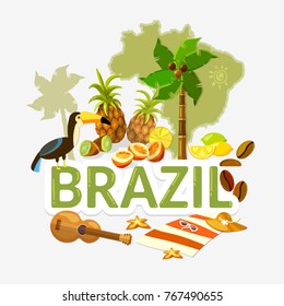 Travel to Brazil. Traditions and culture,  Welcome to Brazil. Collection of symbolic elements. Template travel background 