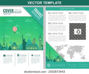 Travel brochure design with famous landmarks and world map. Template for Travel and Tourism Business concept. Vector illustration