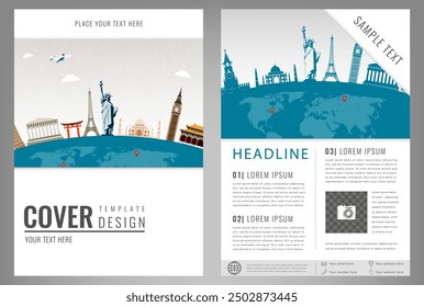 Travel brochure design with famous landmarks and world map. Template for Travel and Tourism Business concept. Vector illustration