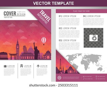 Travel brochure design with famous landmarks and world map. Template for Travel and Tourism Business concept. Vector illustration