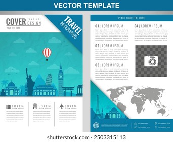 Travel brochure design with famous landmarks and world map. Template for Travel and Tourism Business concept. Vector illustration