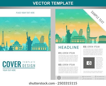 Travel brochure design with famous landmarks and world map. Template for Travel and Tourism Business concept. Vector illustration