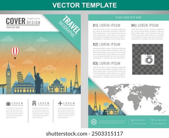 Travel brochure design with famous landmarks and world map. Template for Travel and Tourism Business concept. Vector illustration