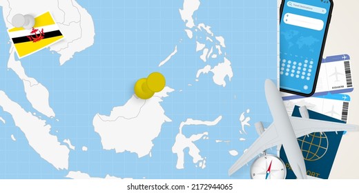 Travel to Brunei concept, map with pin on map of Brunei. Vacation preparation map, flag, passport and tickets. Vector illustration in flat design.