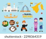 Travel Brunei flat icons set. Brunei element icon map and landmarks symbols and objects collection. Vector Illustration