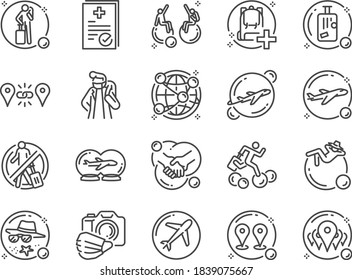 Travel bubble line icon set. Included the icons as tourism, covid-19, safety, tourist, pend up demand, quarantine, and more.