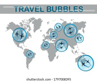 Travel Bubble. New normal solution for tourist industry to travel safely between disinfected country. New tourism trend after Covid-19 pandemic. International agreement for business travel concept.