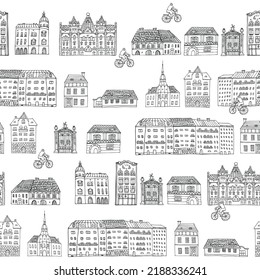 Travel Budapest Hungary line vector houses seamless pattern