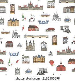 Travel Budapest Hungary vector seamless pattern