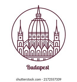 Travel Budapest icon inspired by Hungurian parliament building. Thin line Hungary tourist destination line art emblem in circle.