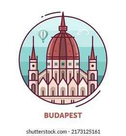 Travel Budapest icon inspired by Hungurian parliament building. Thin line Hungary tourist destination line art emblem in circle.