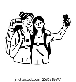 Travel buddies taking a selfie while on a hiking adventure together, glyph sticker 
