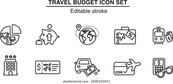 Travel budget line icons. Editable stroke affordable vacation icon set.