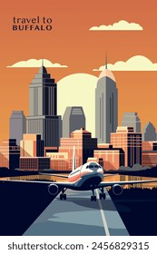 Travel to Buffalo city, USA, NY. Retro city poster with abstract shapes of skyline and plane landing. Vintage American holiday vector illustration in 70s, 80s style svg