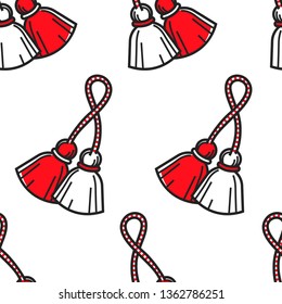 Travel to Bulgaria Bulgarian symbol red and white tassels seamless pattern vector martenitsa national colors endless texture Baba marta holiday spring beginning ritual tradition and custom wallpaper.