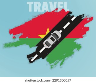 Travel to Burkina Faso by car, going holiday idea, vacation and travel banner concept, car on the road with Burkina Faso flag, international car travel, automobile going on a way, top view