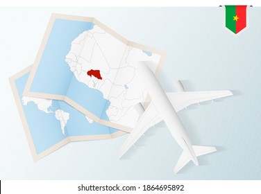 Travel to Burkina Faso, top view airplane with map and flag of Burkina Faso. Travel and tourism banner design.