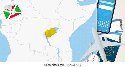 Travel to Burundi concept, map with pin on map of Burundi. Vacation preparation map, flag, passport and tickets. Vector illustration in flat design.