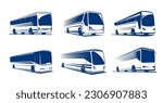 Travel bus icons, tour transport or public transportation service, vector emblems. Tourism or passenger travel trip bus icon for, city coach van station or airport express transfer or shuttle bus