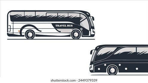 Travel bus icons, tour transport or public transportation service, vector emblems. Tourism or passenger travel trip bus icon for, city coach van station or airport express transfer or shuttle bus,