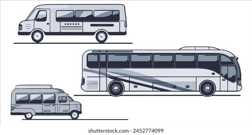 Travel bus icons, tour transport or public transportation service, vector emblems. Tourism or passenger travel trip bus icon for, city coach van station or airport express transfer or shuttle bus, 