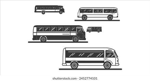 Travel bus icons, tour transport or public transportation service, vector emblems. Tourism or passenger travel trip bus icon for, city coach van station or airport express transfer or shuttle bus, 