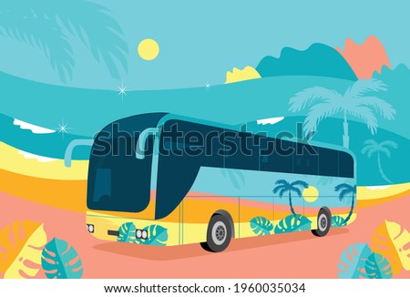 Travel bus moving along the sea coast and beautiful nature on background. Bus tour concept. Illustration of modern tour bus in tropical destination by the sea. Vector illustration.