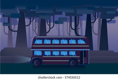travel bus, night forest traveling, vector illustration