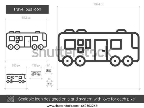 Travel bus vector line icon isolated on\
white background. Travel bus line icon for infographic, website or\
app. Scalable icon designed on a grid\
system.