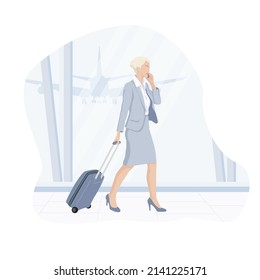 Travel, Business, Advertise concept - Everything looks great. Beautiful blonde businesswoman using smartphone checking her flight or online check-in at airport, with luggage. Air travel.