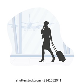 Travel, Business, Advertise concept - Everything looks great. Beautiful blonde businesswoman using smartphone checking her flight or online check-in at airport, with luggage. Air travel.