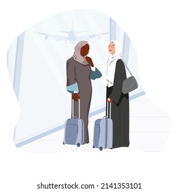 Travel, Business, Advertise concept - Everything looks great. Two Muslim business ladies at the airport, with luggage and laptop. Air travel.