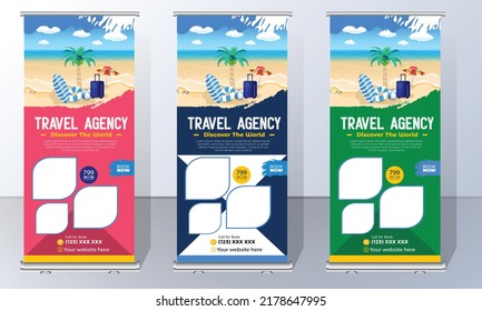 
Travel Business agency Roll Up Template. Truism Standee Design Banner. Corporate digital Roll Up Banner.  Vector x Banner,
Holiday x-stand Banner. Company Tours Vacation exhibition display template.