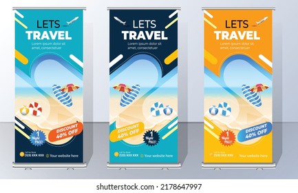 
Travel Business agency Roll Up Template. Truism Standee Design Banner. Corporate digital Roll Up Banner.  Vector x Banner,
Holiday x-stand Banner. Company Tours Vacation exhibition display template.