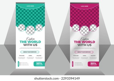 Travel Business agency Roll Up Template. Truism Standee Design Banner. Corporate digital Roll Up Banner. Vector Banner, Holiday Banner. Company Tours Vacation exhibition display template.