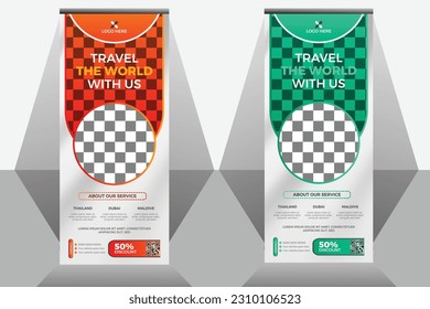 Travel Business agency Roll Up Template. Truism Standee Design Banner. Corporate digital Roll Up Banner. Vector x Banner, Holiday x-stand Banner. Company Tours Vacation exhibition display template.