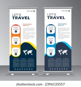 Travel Business agency Roll Up Template. Truism Standee Design Banner. pull up banner. Company Tours Vacation exhibition display template.