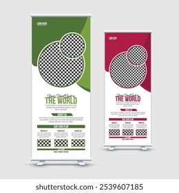 Travel Business Agency Roll Up Template. Corporate digital roll-up banner. Company Tours Vacation exhibition display template.
