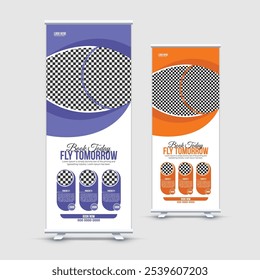 Travel Business Agency Roll Up Template. Corporate digital roll-up banner. Company Tours Vacation exhibition display template.